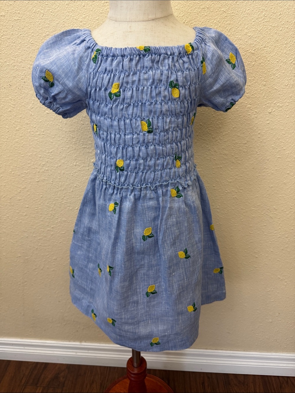 Sartoria Saracena Blue Smocked Lemon-Embroidered Linen Girls' Dress Size M